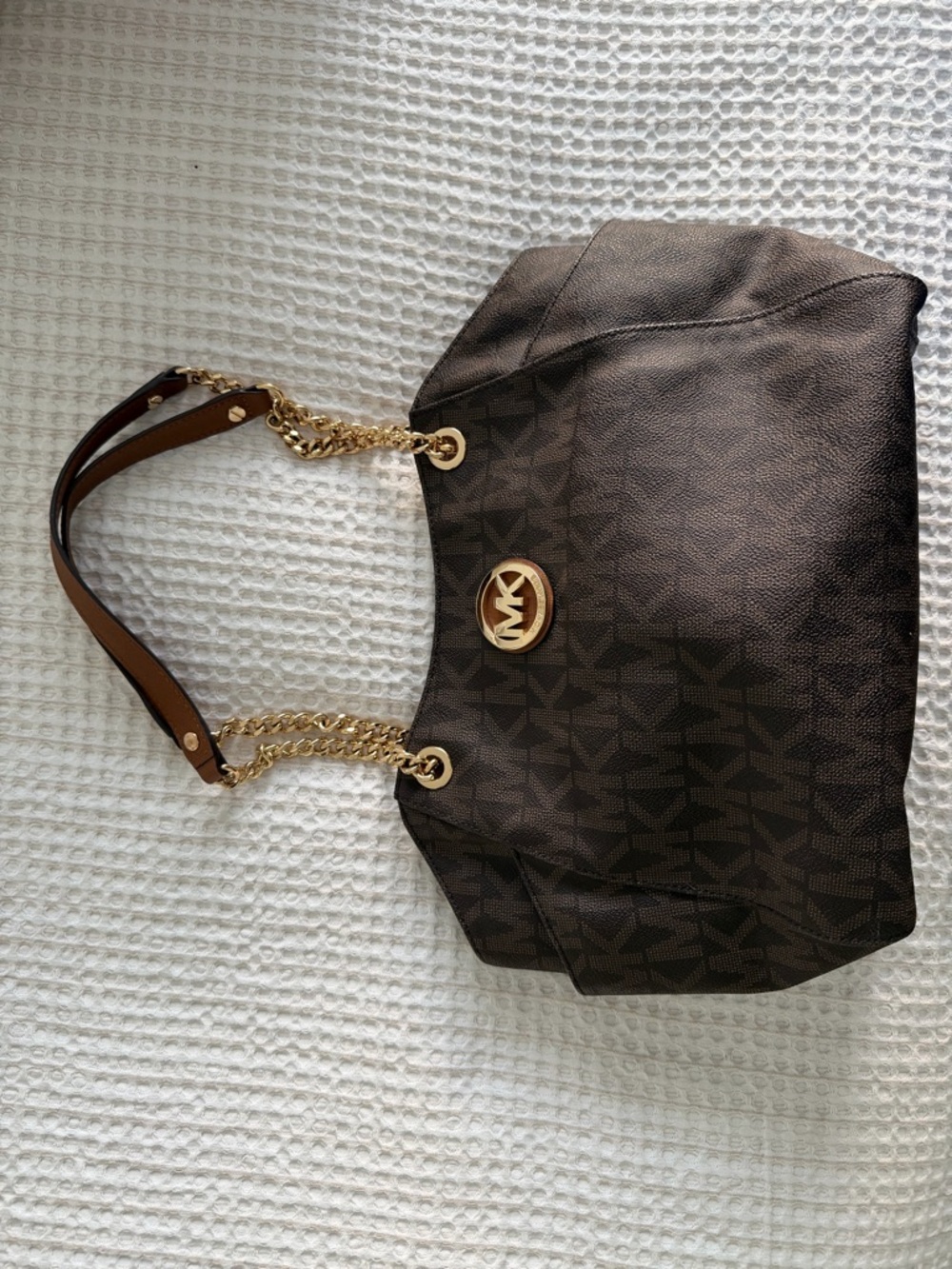 Michael Kors Dark Brown Logo-Print Shoulder Bag with Gold Chain
